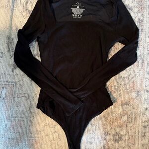 Klassy Network Black Ribbed Long Sleeve Square Neck Bodysuit
